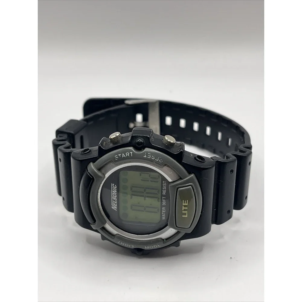 Mens Vintage Nelsonic Digital Watch Black Resin Band- New Battery